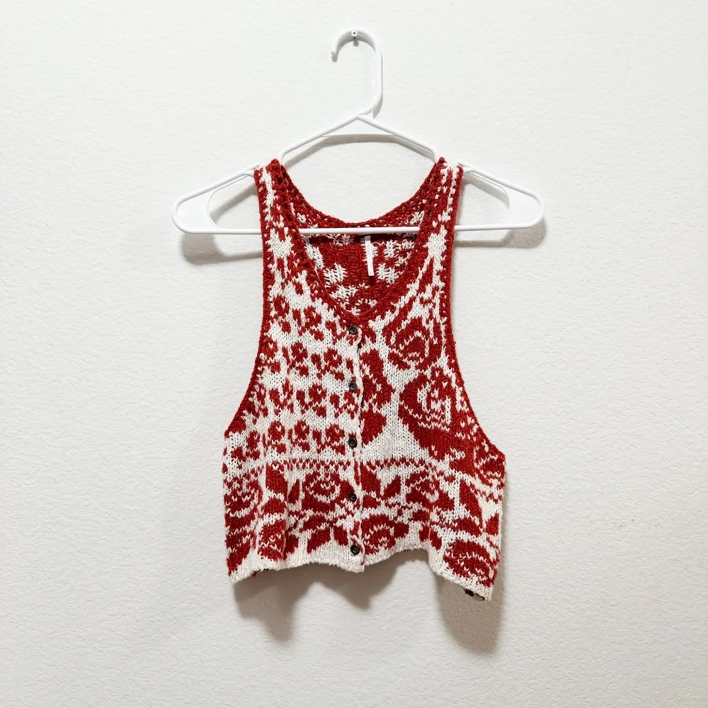 Free People Red and Cream Rose Knit Crop Tank
